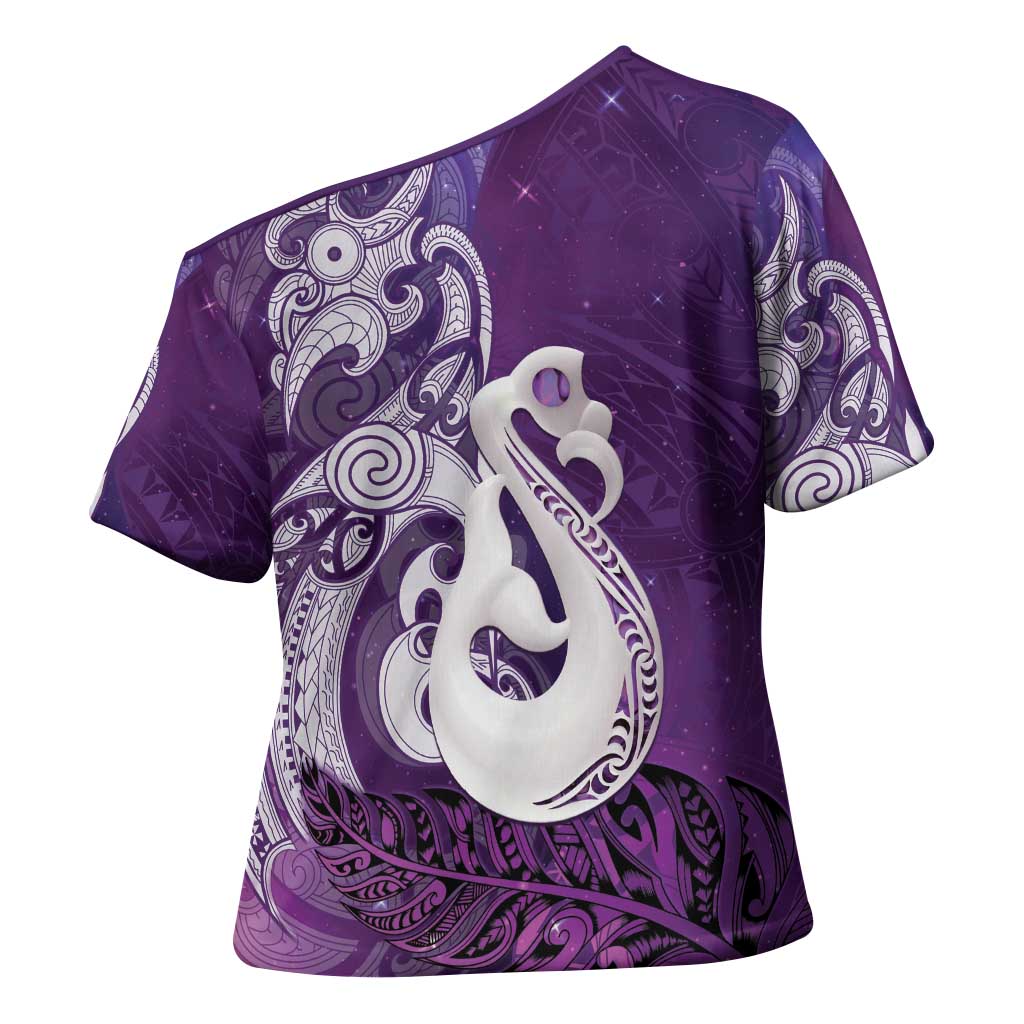 New Zealand Matariki Cross Shoulder Shirt Maori Manaia Galaxy Silver Fern Purple Color LT22 - Polynesian Pride