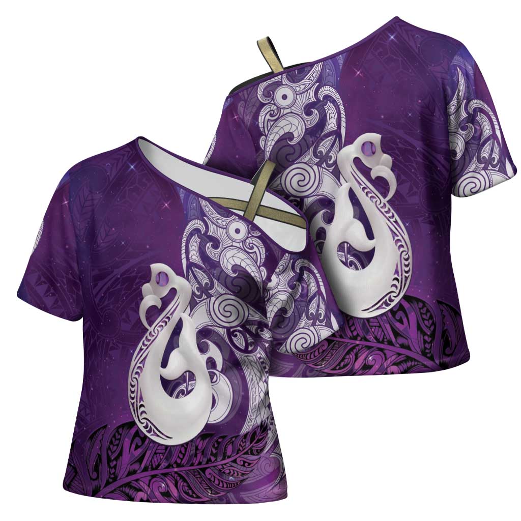New Zealand Matariki Cross Shoulder Shirt Maori Manaia Galaxy Silver Fern Purple Color LT22 - Polynesian Pride