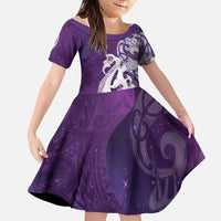 New Zealand Matariki Family Matching Long Sleeve Bodycon Dress and Hawaiian Shirt Maori Manaia Galaxy Silver Fern Purple Color LT22 Daughter's Dress Purple - Polynesian Pride