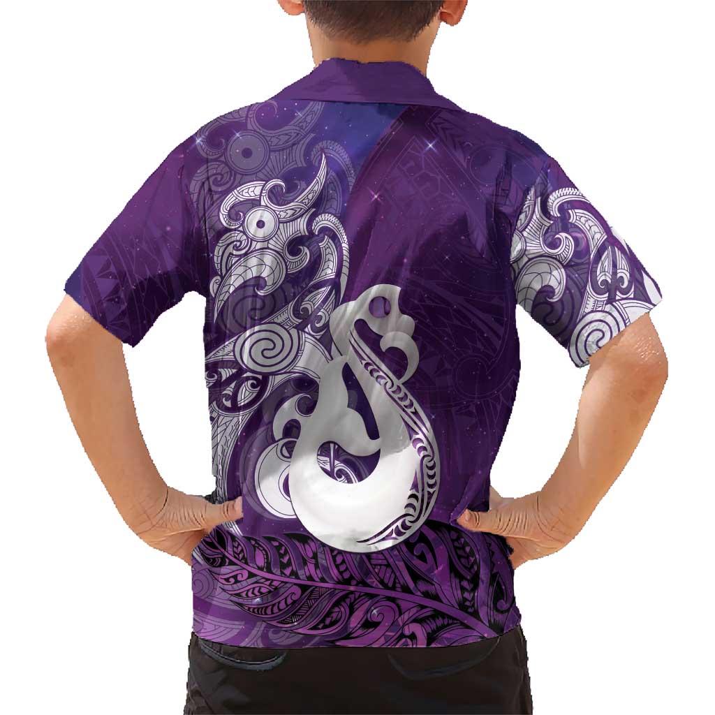 New Zealand Matariki Family Matching Off Shoulder Short Dress and Hawaiian Shirt Maori Manaia Galaxy Silver Fern Purple Color LT22 - Polynesian Pride
