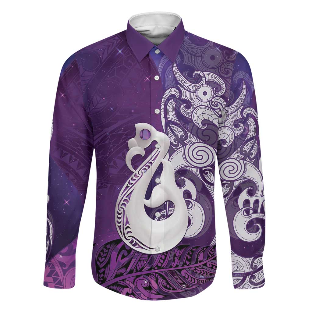 New Zealand Matariki Family Matching Off Shoulder Short Dress and Hawaiian Shirt Maori Manaia Galaxy Silver Fern Purple Color LT22 Dad's Shirt - Long Sleeve Purple - Polynesian Pride