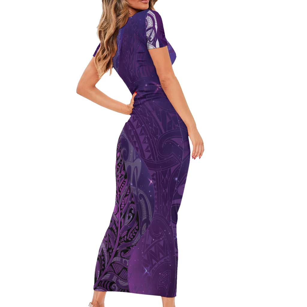 New Zealand Matariki Family Matching Short Sleeve Bodycon Dress and Hawaiian Shirt Maori Manaia Galaxy Silver Fern Purple Color LT22 - Polynesian Pride