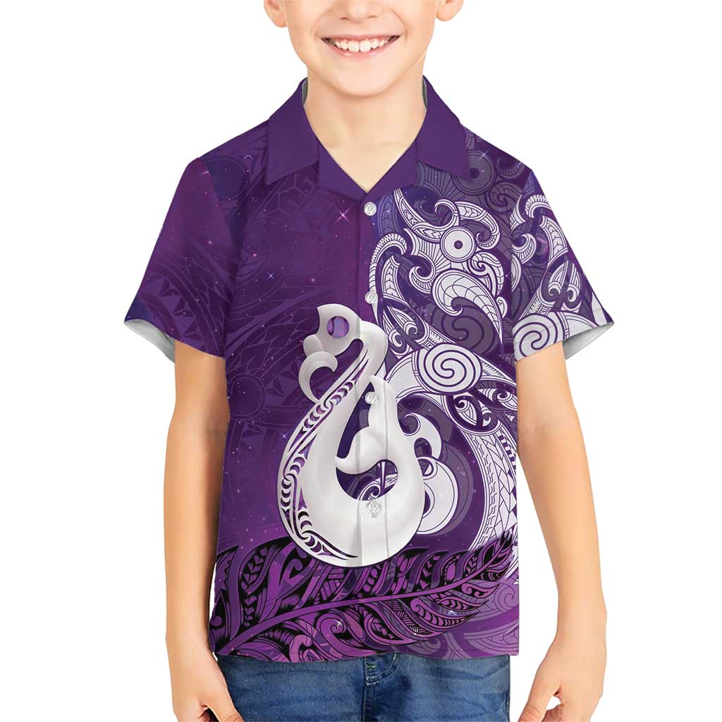 New Zealand Matariki Family Matching Short Sleeve Bodycon Dress and Hawaiian Shirt Maori Manaia Galaxy Silver Fern Purple Color LT22 Son's Shirt Purple - Polynesian Pride