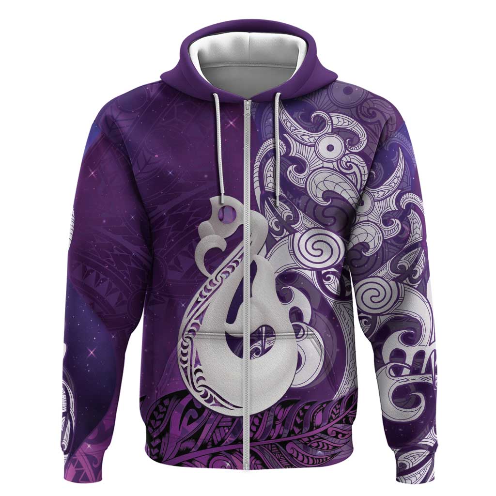 New Zealand Matariki Hoodie Maori Manaia Galaxy Silver Fern Purple Color LT22 Zip Hoodie Purple - Polynesian Pride