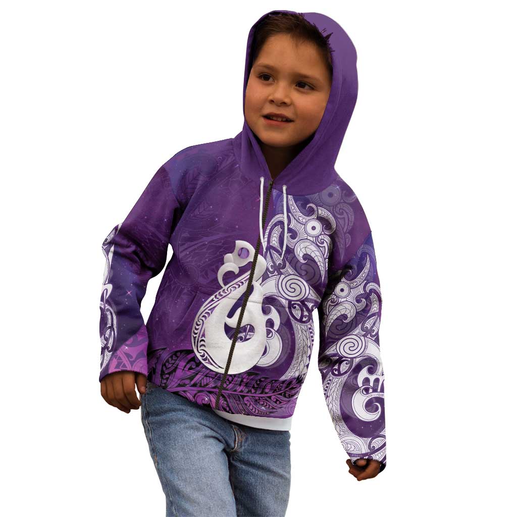 New Zealand Matariki Kid Hoodie Maori Manaia Galaxy Silver Fern Purple Color LT22 - Polynesian Pride