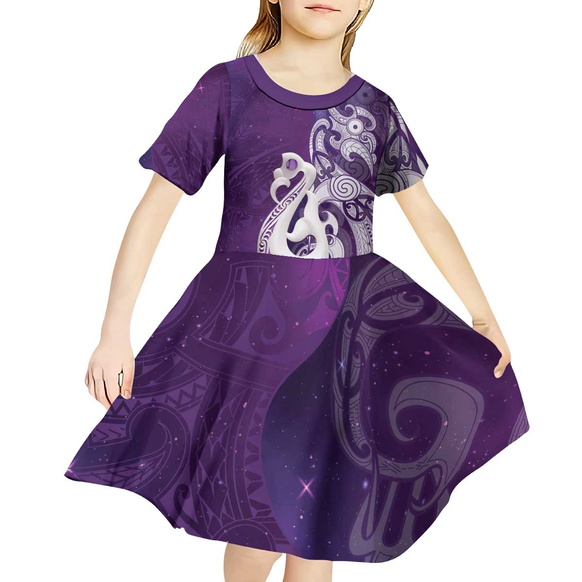New Zealand Matariki Kid Short Sleeve Dress Maori Manaia Galaxy Silver Fern Purple Color LT22 - Polynesian Pride
