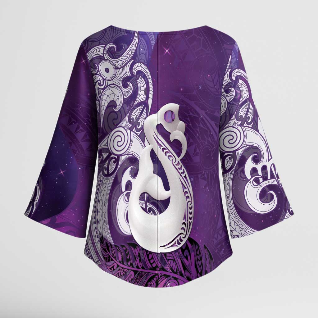New Zealand Matariki Kimono Sleeve Blouse Maori Manaia Galaxy Silver Fern Purple Color LT22 - Polynesian Pride
