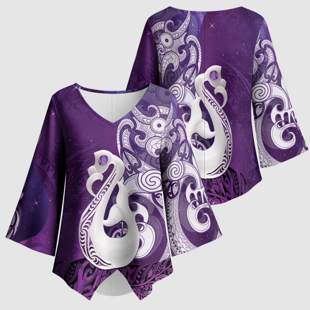 New Zealand Matariki Kimono Sleeve Blouse Maori Manaia Galaxy Silver Fern Purple Color LT22 - Polynesian Pride