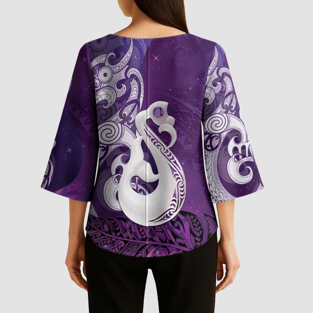 New Zealand Matariki Kimono Sleeve Blouse Maori Manaia Galaxy Silver Fern Purple Color LT22 - Polynesian Pride