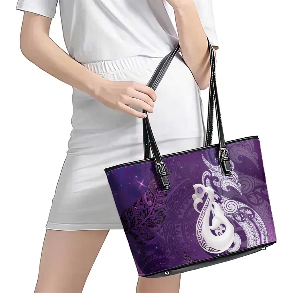 New Zealand Matariki Leather Tote Bag Maori Manaia Galaxy Silver Fern Purple Color LT22 - Polynesian Pride