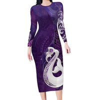 New Zealand Matariki Long Sleeve Bodycon Dress Maori Manaia Galaxy Silver Fern Purple Color LT22 Long Dress Purple - Polynesian Pride