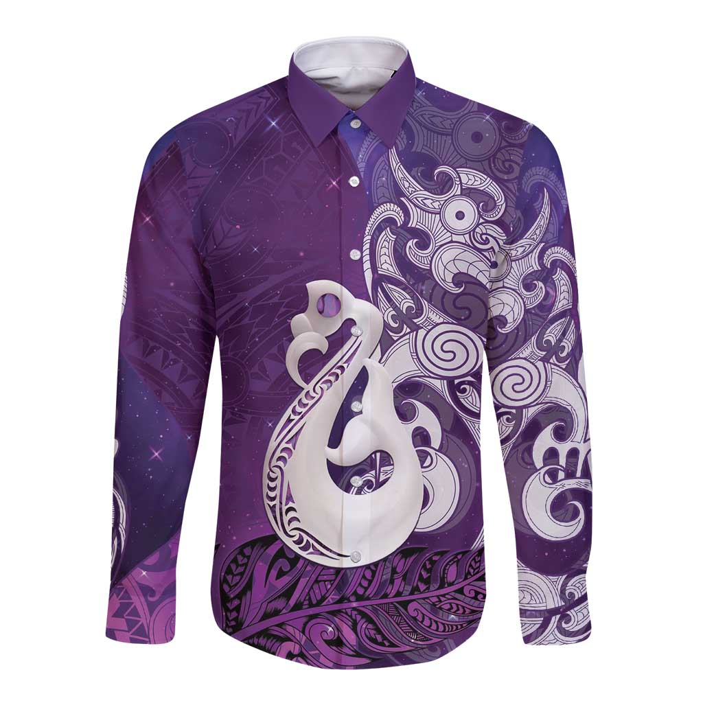 New Zealand Matariki Long Sleeve Button Shirt Maori Manaia Galaxy Silver Fern Purple Color