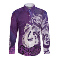 New Zealand Matariki Long Sleeve Button Shirt Maori Manaia Galaxy Silver Fern Purple Color LT22 Unisex Purple - Polynesian Pride