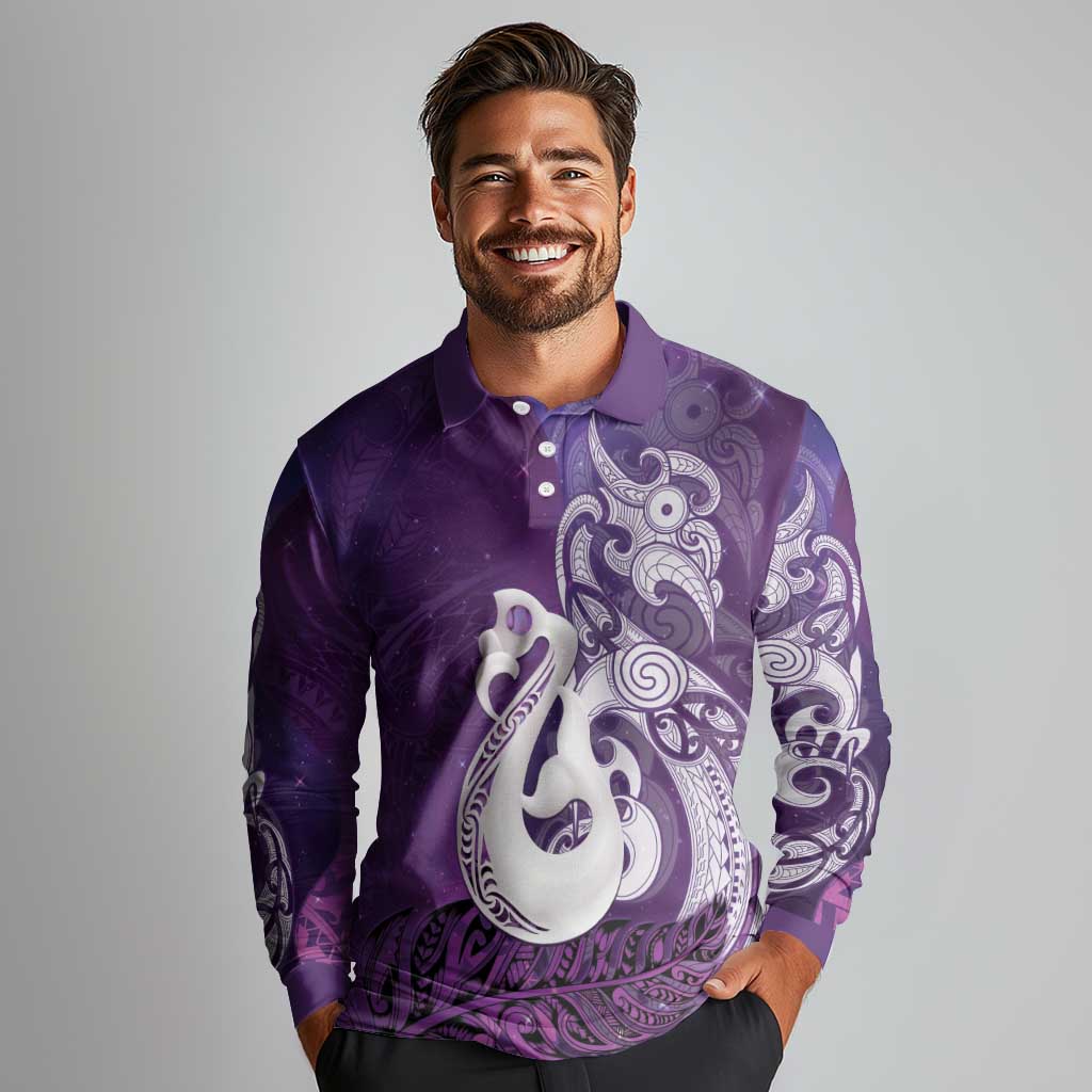 New Zealand Matariki Long Sleeve Polo Shirt Maori Manaia Galaxy Silver Fern Purple Color LT22 - Polynesian Pride