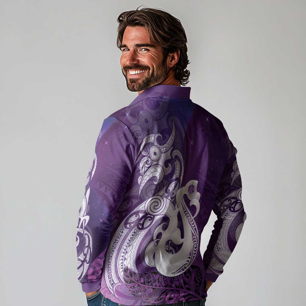 New Zealand Matariki Long Sleeve Polo Shirt Maori Manaia Galaxy Silver Fern Purple Color LT22 - Polynesian Pride