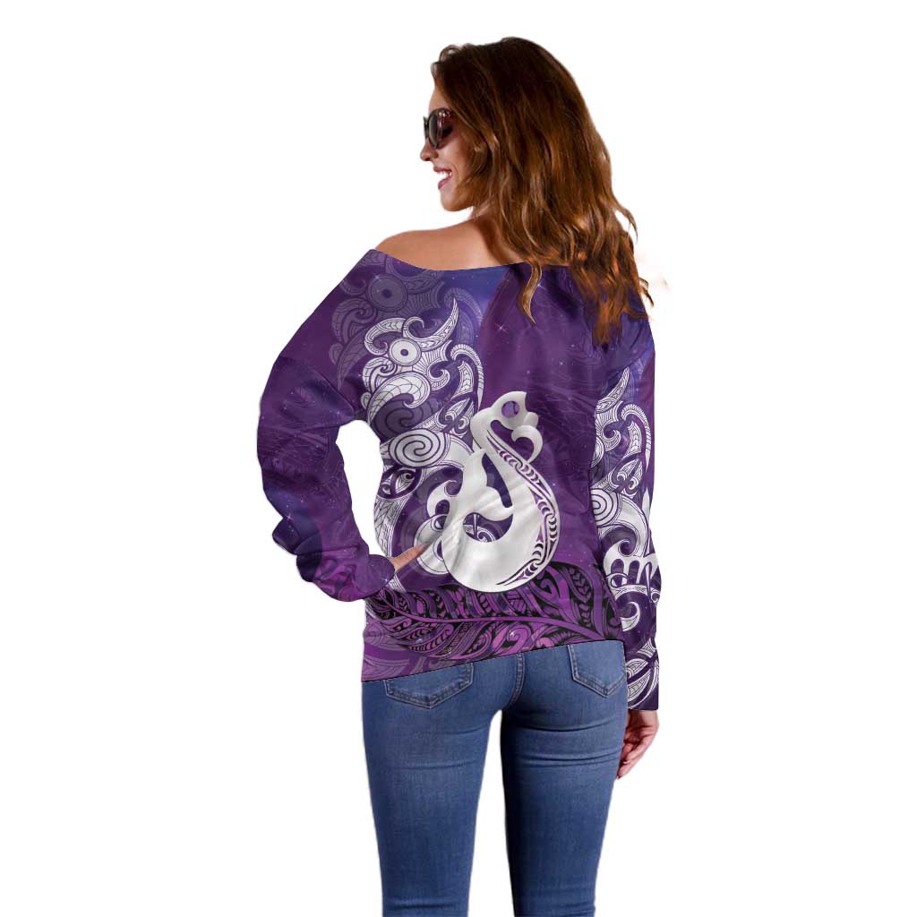 New Zealand Matariki Off Shoulder Sweater Maori Manaia Galaxy Silver Fern Purple Color LT22 - Polynesian Pride