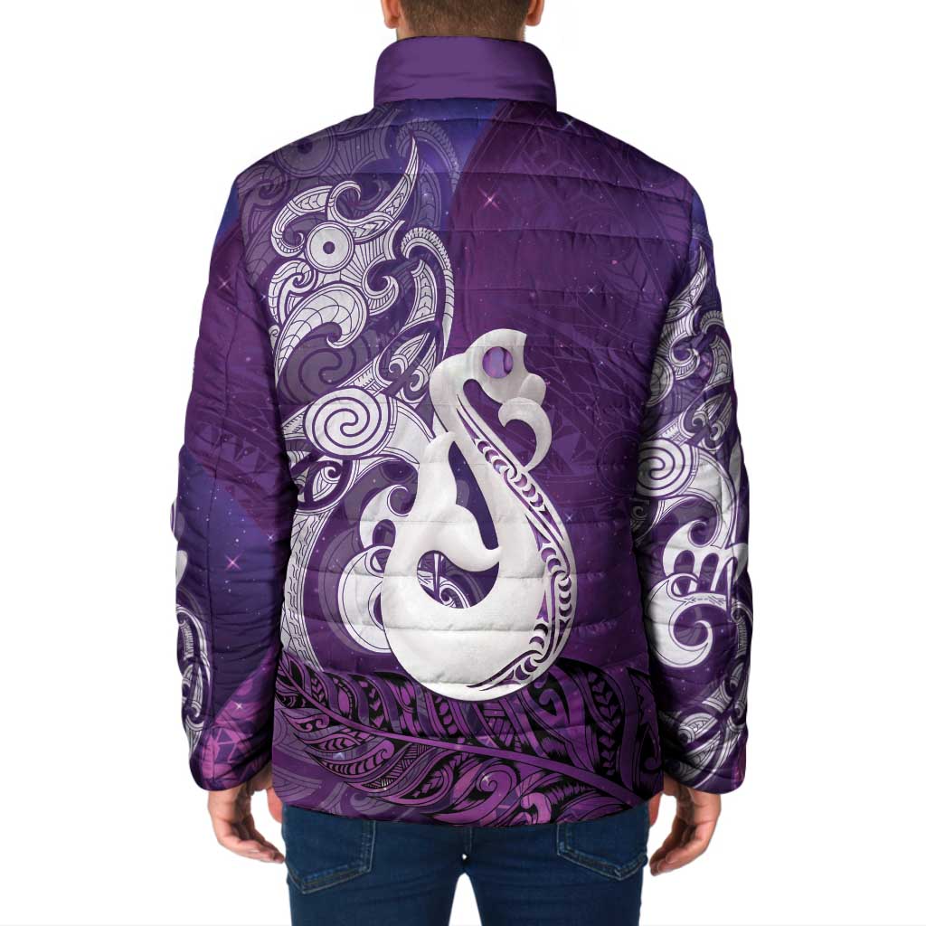 New Zealand Matariki Padded Jacket Maori Manaia Galaxy Silver Fern Purple Color LT22 - Polynesian Pride