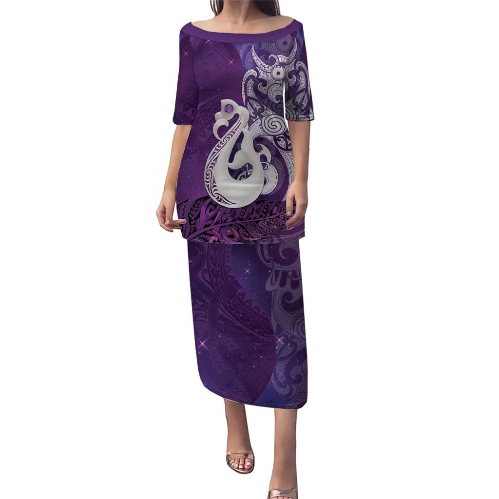 New Zealand Matariki Puletasi Maori Manaia Galaxy Silver Fern Purple Color LT22 Long Dress Purple - Polynesian Pride