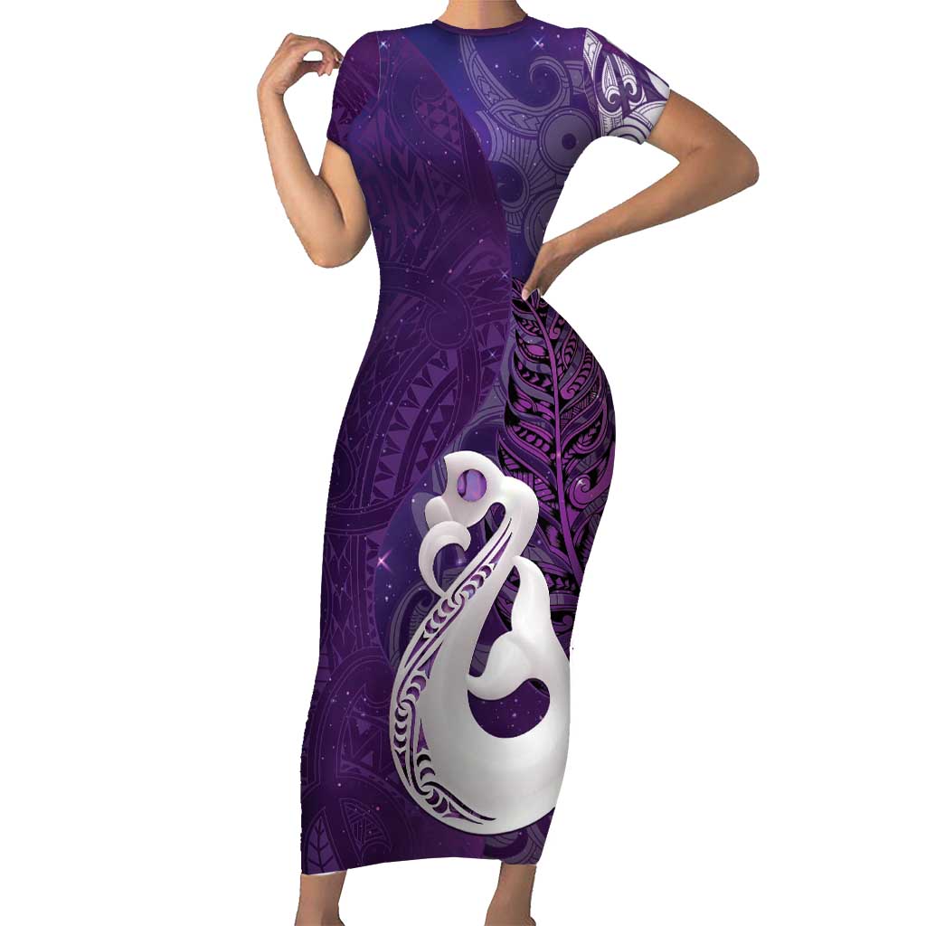 New Zealand Matariki Short Sleeve Bodycon Dress Maori Manaia Galaxy Silver Fern Purple Color LT22 Long Dress Purple - Polynesian Pride
