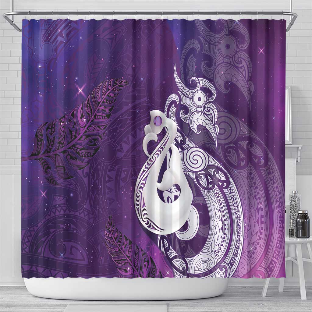 New Zealand Matariki Shower Curtain Maori Manaia Galaxy Silver Fern Purple Color LT22 - Polynesian Pride