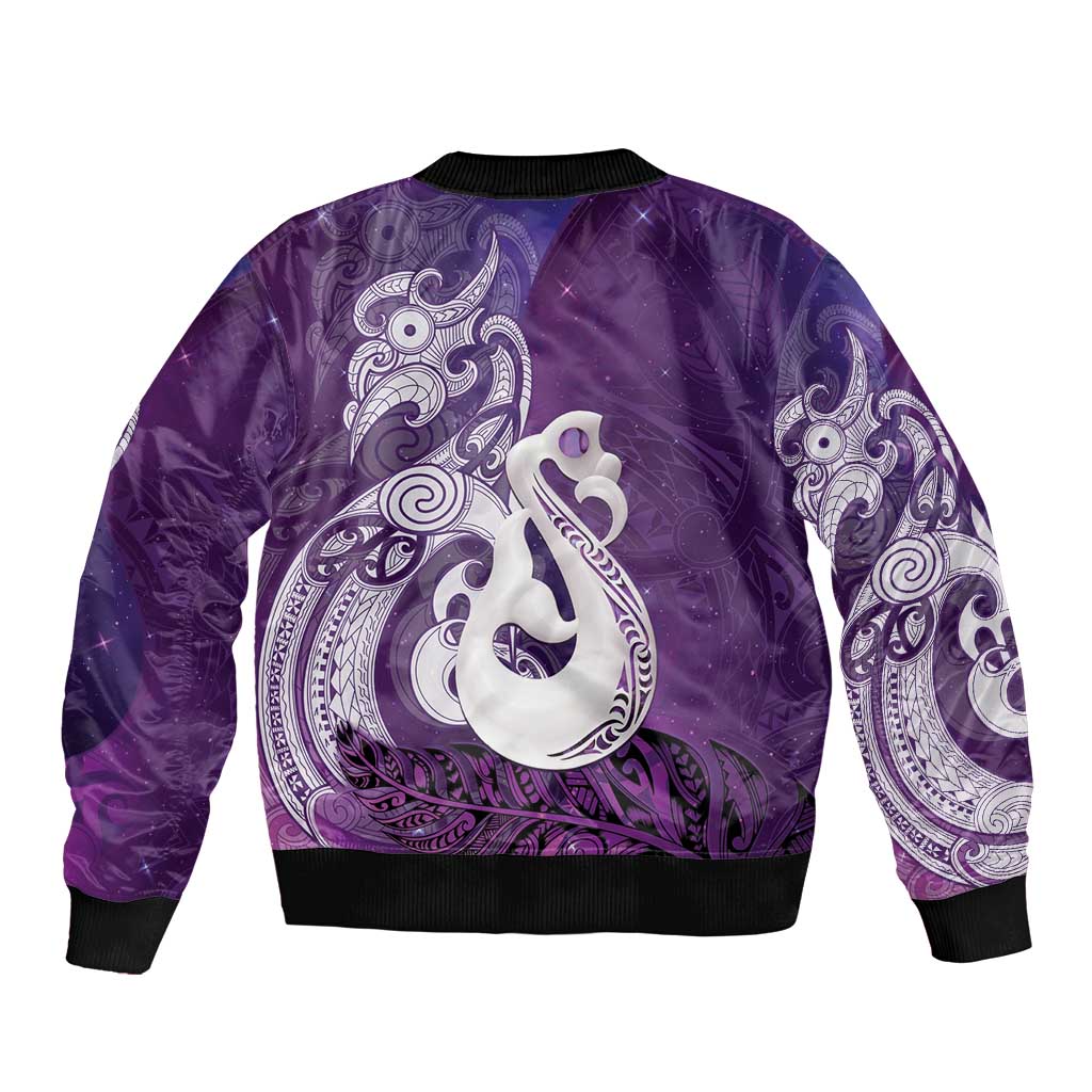 New Zealand Matariki Sleeve Zip Bomber Jacket Maori Manaia Galaxy Silver Fern Purple Color LT22 - Polynesian Pride