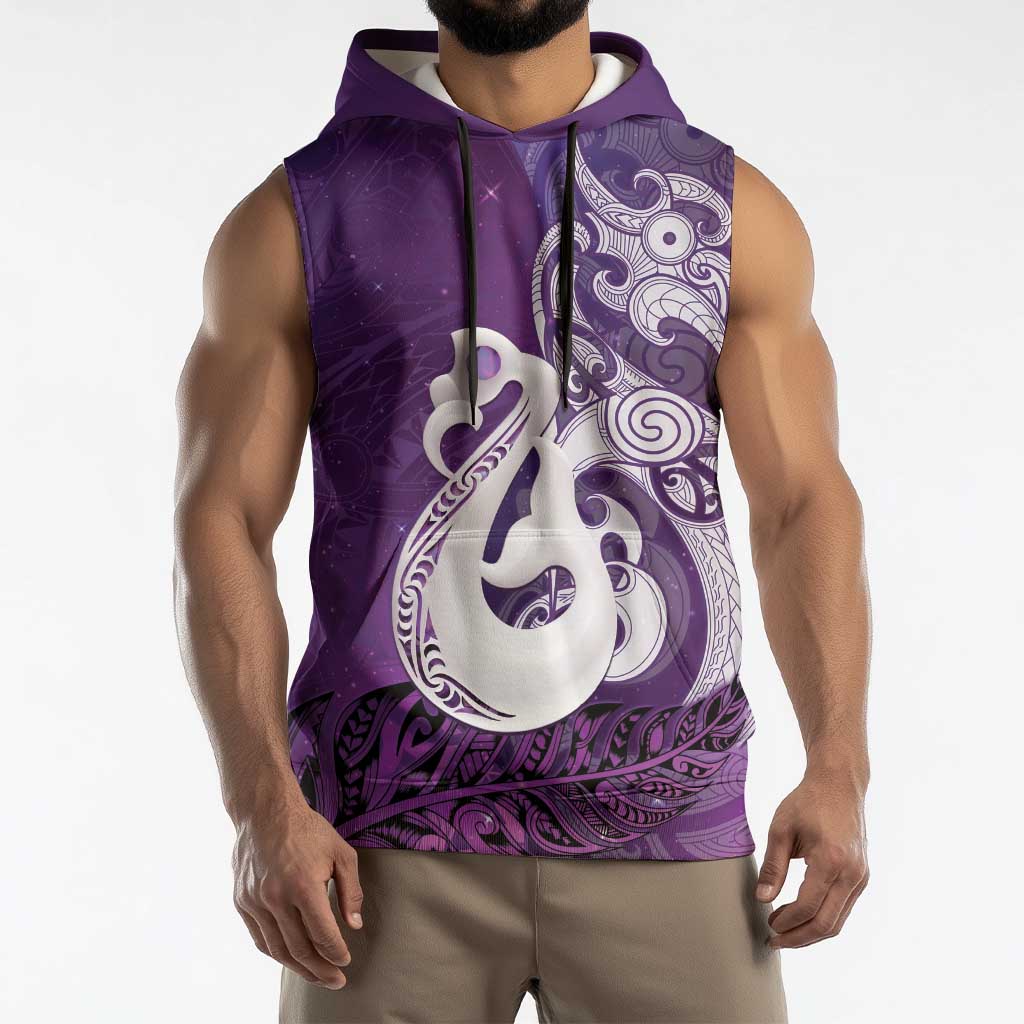 New Zealand Matariki Sleeveless Hoodie Maori Manaia Galaxy Silver Fern Purple Color LT22 - Polynesian Pride