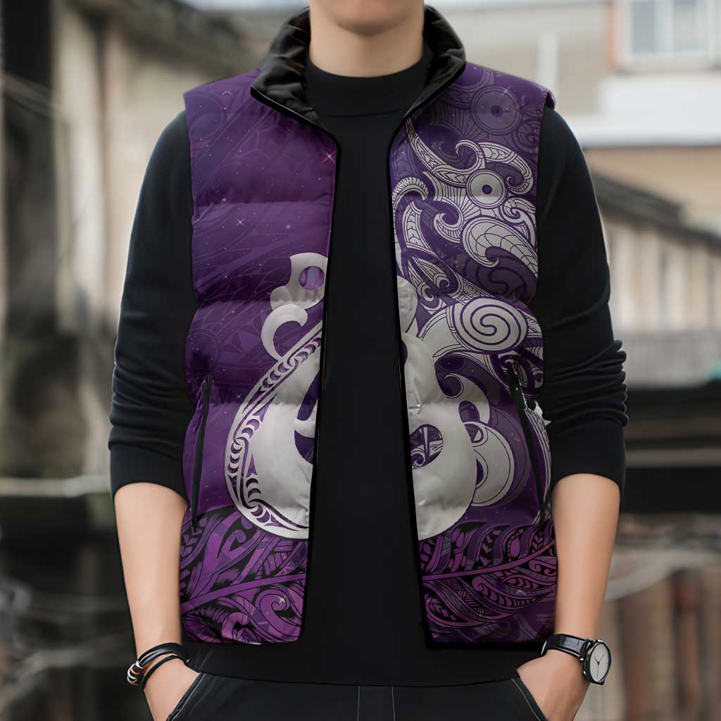New Zealand Matariki Sleeveless Puffer Jacket Maori Manaia Galaxy Silver Fern Purple Color LT22 - Polynesian Pride