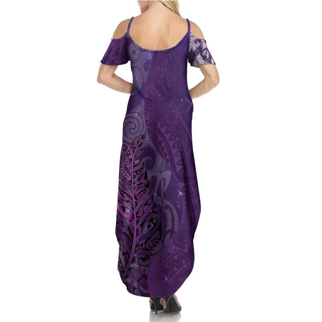 New Zealand Matariki Summer Maxi Dress Maori Manaia Galaxy Silver Fern Purple Color LT22 - Polynesian Pride