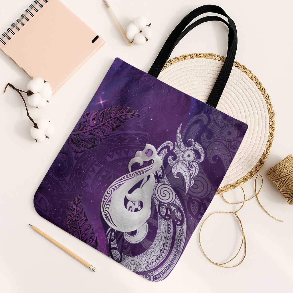 New Zealand Matariki Tote Bag Maori Manaia Galaxy Silver Fern Purple Color LT22 Black Strap One Size Purple - Polynesian Pride
