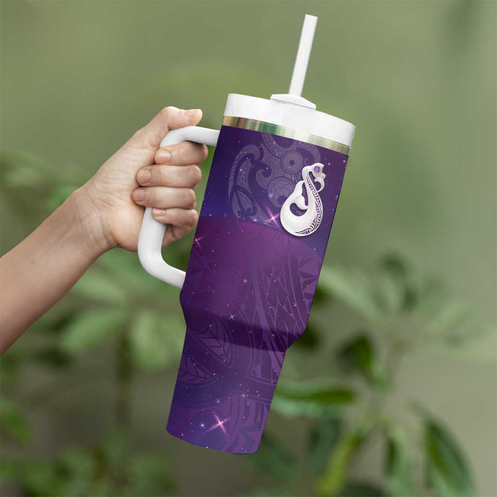 New Zealand Matariki Tumbler With Handle Maori Manaia Galaxy Silver Fern Purple Color LT22 - Polynesian Pride