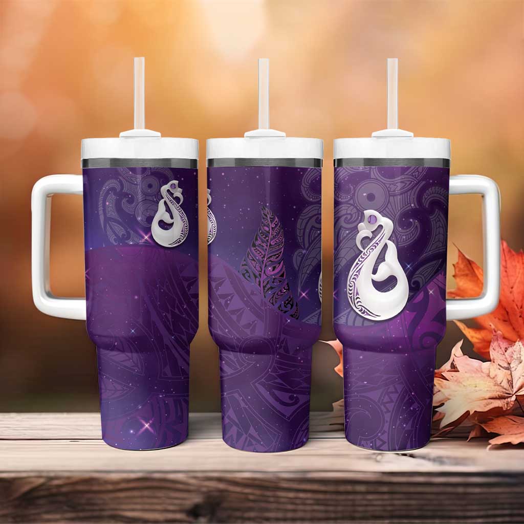 New Zealand Matariki Tumbler With Handle Maori Manaia Galaxy Silver Fern Purple Color LT22 - Polynesian Pride