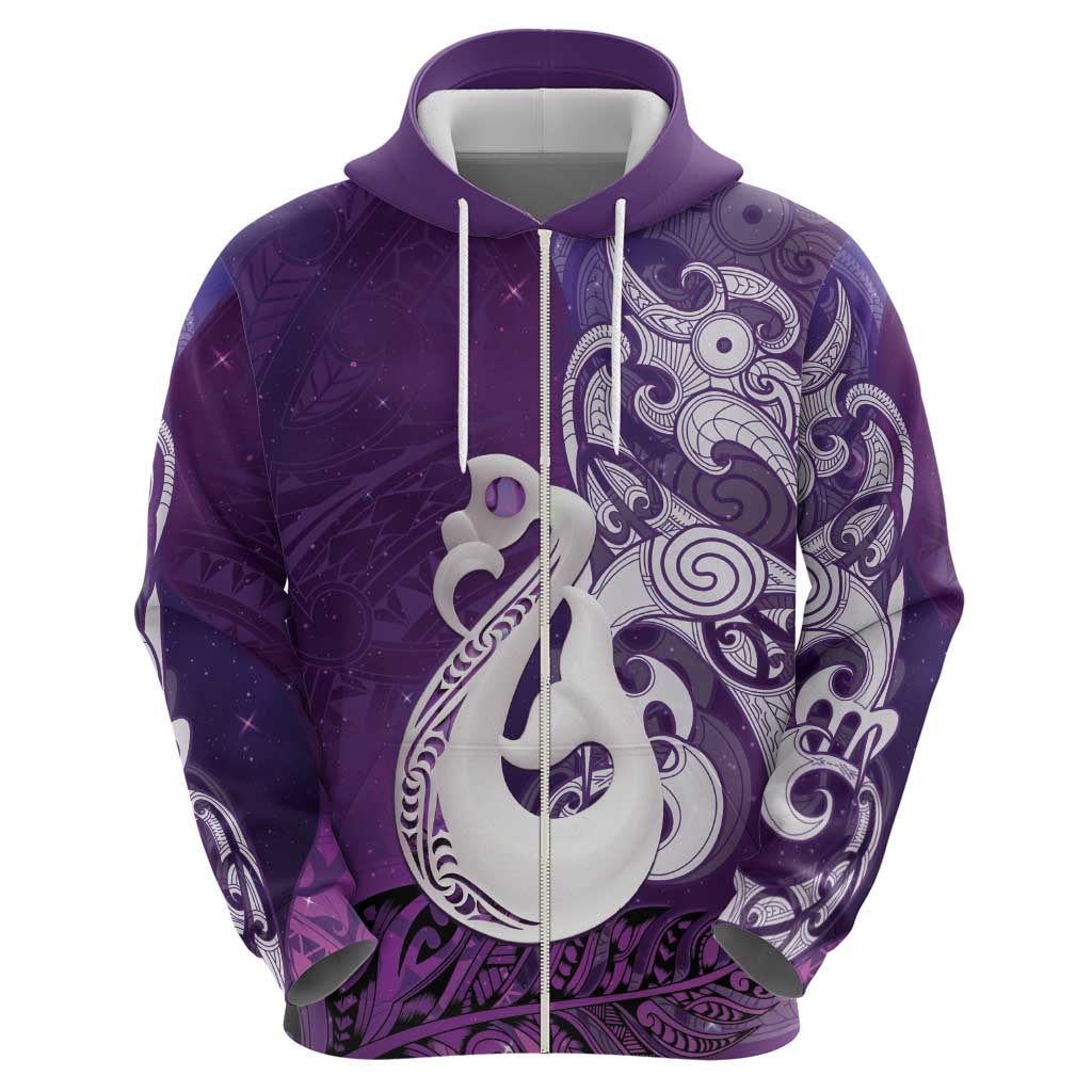 New Zealand Matariki Zip Hoodie Maori Manaia Galaxy Silver Fern Purple Color LT22 - Polynesian Pride