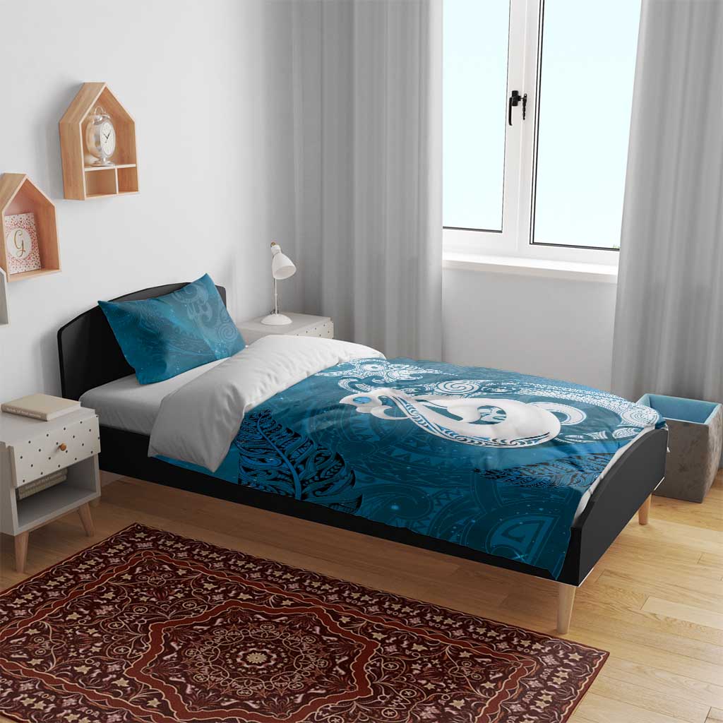 New Zealand Matariki Bedding Set Maori Manaia Galaxy Silver Fern Blue Color
