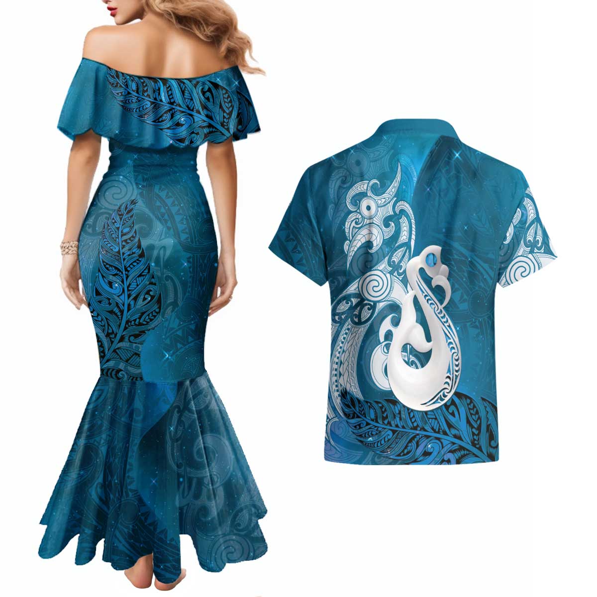 New Zealand Matariki Couples Matching Mermaid Dress and Hawaiian Shirt Maori Manaia Galaxy Silver Fern Blue Color LT22 - Polynesian Pride