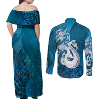 New Zealand Matariki Couples Matching Off Shoulder Maxi Dress and Long Sleeve Button Shirt Maori Manaia Galaxy Silver Fern Blue Color LT22 - Polynesian Pride