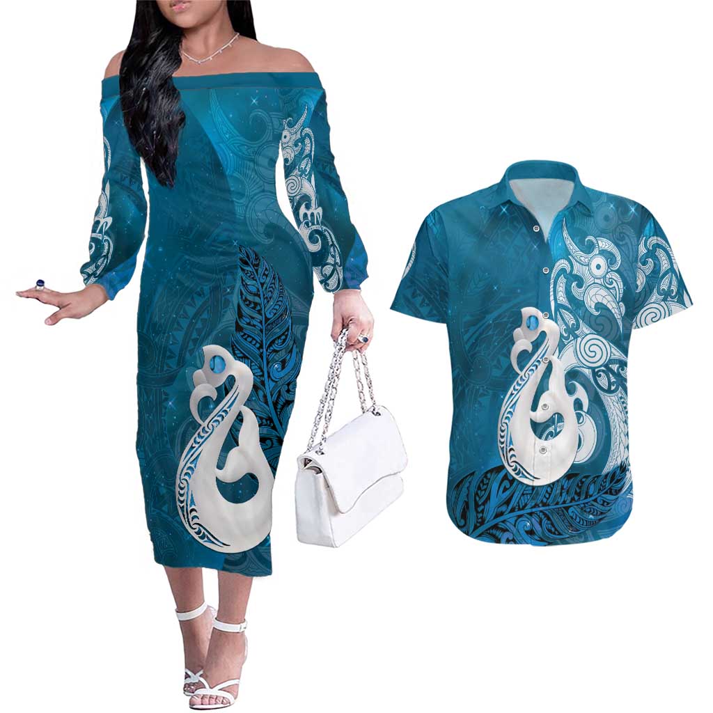 New Zealand Matariki Couples Matching Off The Shoulder Long Sleeve Dress and Hawaiian Shirt Maori Manaia Galaxy Silver Fern Blue Color LT22 Blue - Polynesian Pride