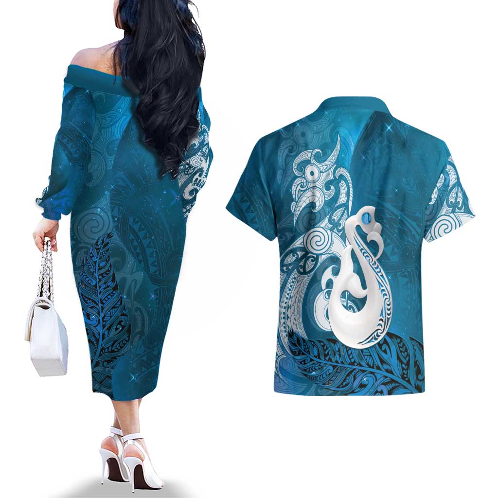 New Zealand Matariki Couples Matching Off The Shoulder Long Sleeve Dress and Hawaiian Shirt Maori Manaia Galaxy Silver Fern Blue Color LT22 - Polynesian Pride