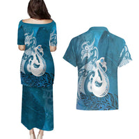 New Zealand Matariki Couples Matching Puletasi and Hawaiian Shirt Maori Manaia Galaxy Silver Fern Blue Color LT22 - Polynesian Pride