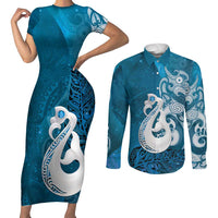 New Zealand Matariki Couples Matching Short Sleeve Bodycon Dress and Long Sleeve Button Shirt Maori Manaia Galaxy Silver Fern Blue Color LT22 Blue - Polynesian Pride