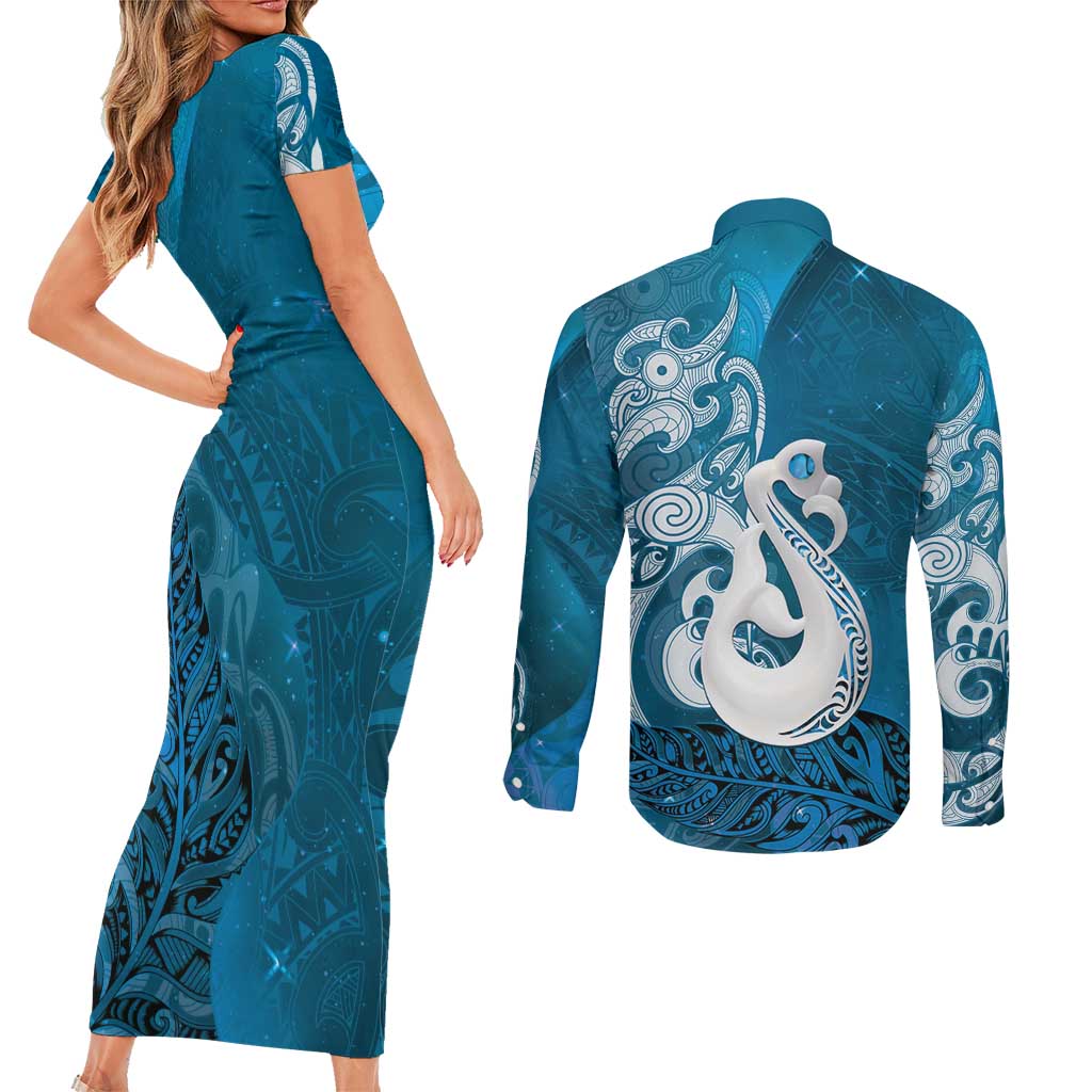 New Zealand Matariki Couples Matching Short Sleeve Bodycon Dress and Long Sleeve Button Shirt Maori Manaia Galaxy Silver Fern Blue Color LT22 - Polynesian Pride