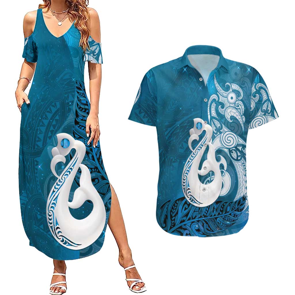 New Zealand Matariki Couples Matching Summer Maxi Dress and Hawaiian Shirt Maori Manaia Galaxy Silver Fern Blue Color LT22 Blue - Polynesian Pride