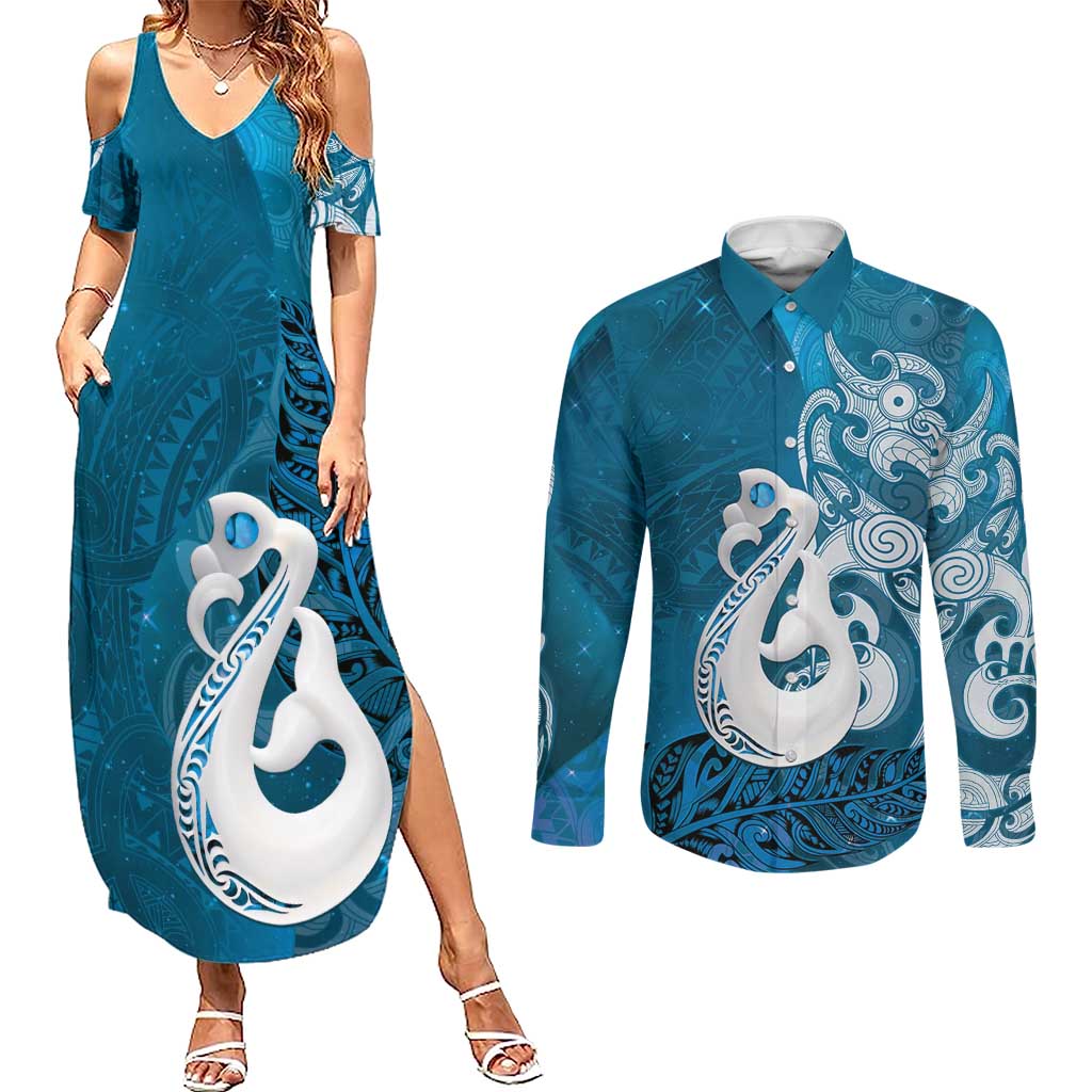 New Zealand Matariki Couples Matching Summer Maxi Dress and Long Sleeve Button Shirt Maori Manaia Galaxy Silver Fern Blue Color LT22 Blue - Polynesian Pride