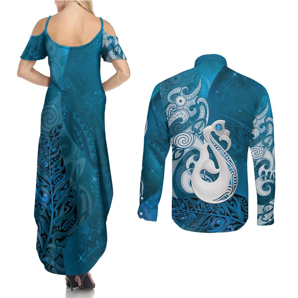 New Zealand Matariki Couples Matching Summer Maxi Dress and Long Sleeve Button Shirt Maori Manaia Galaxy Silver Fern Blue Color LT22 - Polynesian Pride