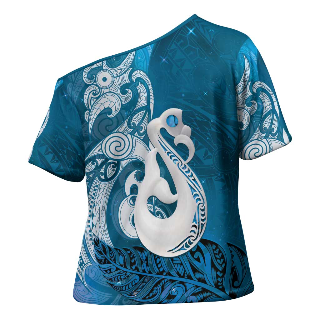 New Zealand Matariki Cross Shoulder Shirt Maori Manaia Galaxy Silver Fern Blue Color LT22 - Polynesian Pride