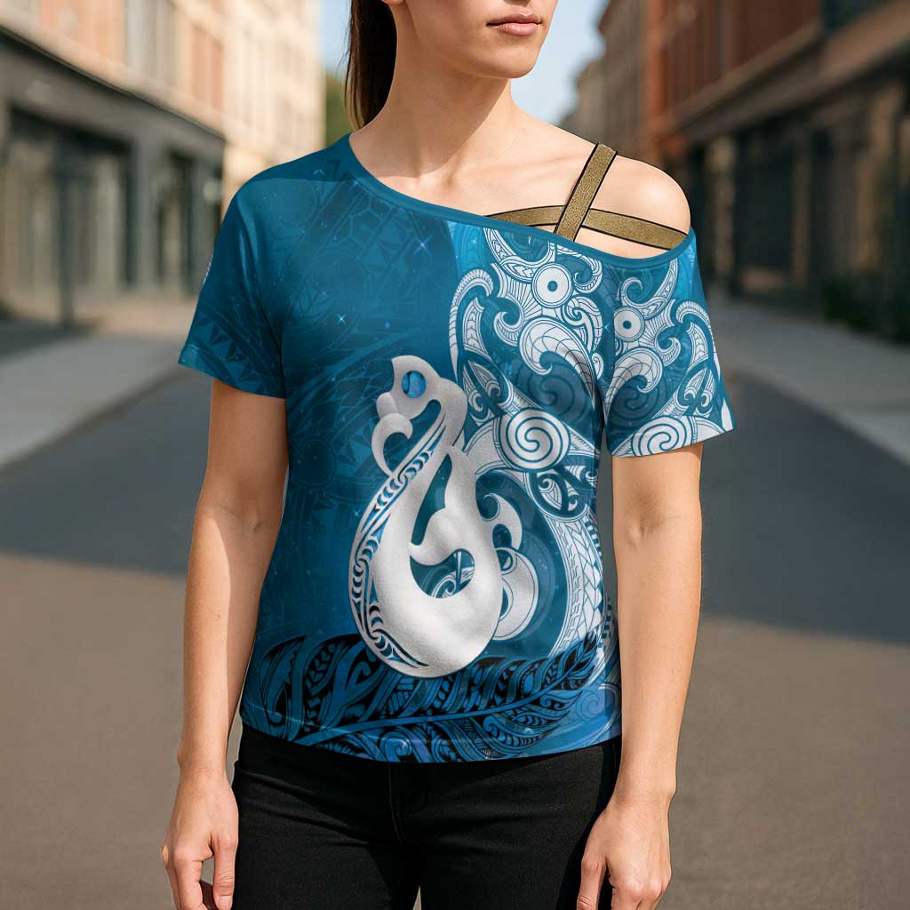 New Zealand Matariki Cross Shoulder Shirt Maori Manaia Galaxy Silver Fern Blue Color LT22 - Polynesian Pride