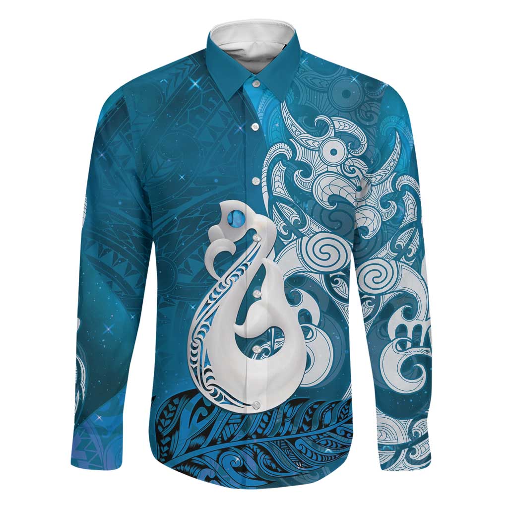 New Zealand Matariki Family Matching Long Sleeve Bodycon Dress and Hawaiian Shirt Maori Manaia Galaxy Silver Fern Blue Color LT22 Dad's Shirt - Long Sleeve Blue - Polynesian Pride