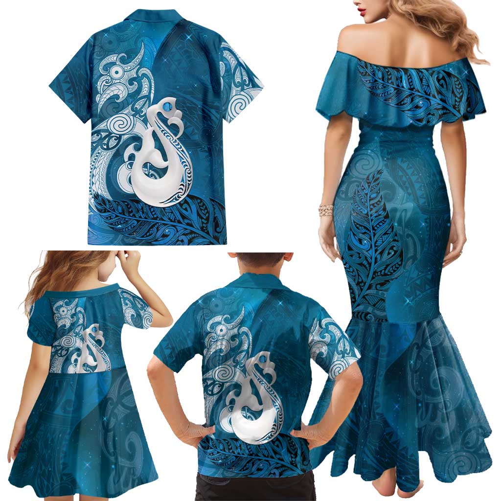 New Zealand Matariki Family Matching Mermaid Dress and Hawaiian Shirt Maori Manaia Galaxy Silver Fern Blue Color LT22 - Polynesian Pride