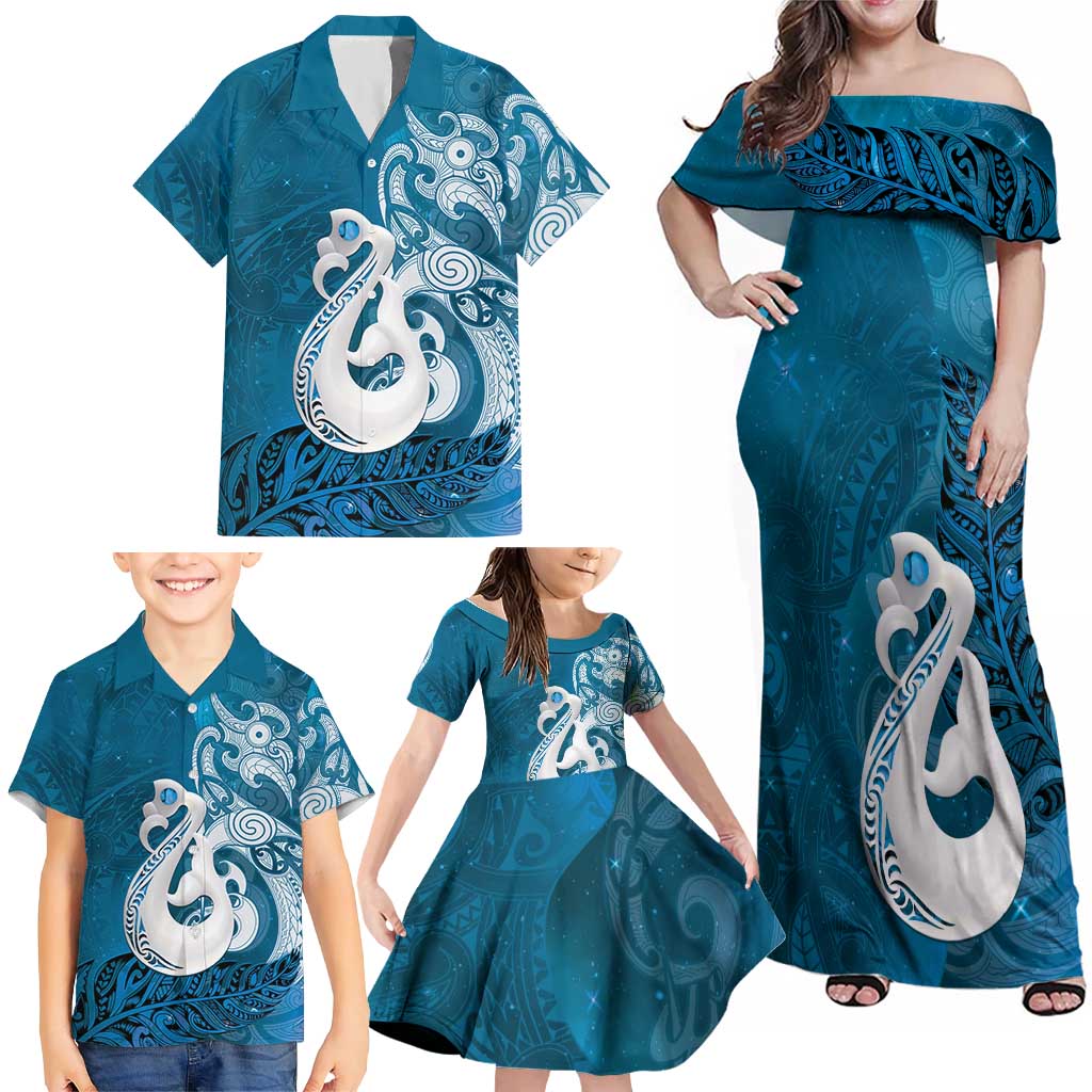 New Zealand Matariki Family Matching Off Shoulder Maxi Dress and Hawaiian Shirt Maori Manaia Galaxy Silver Fern Blue Color