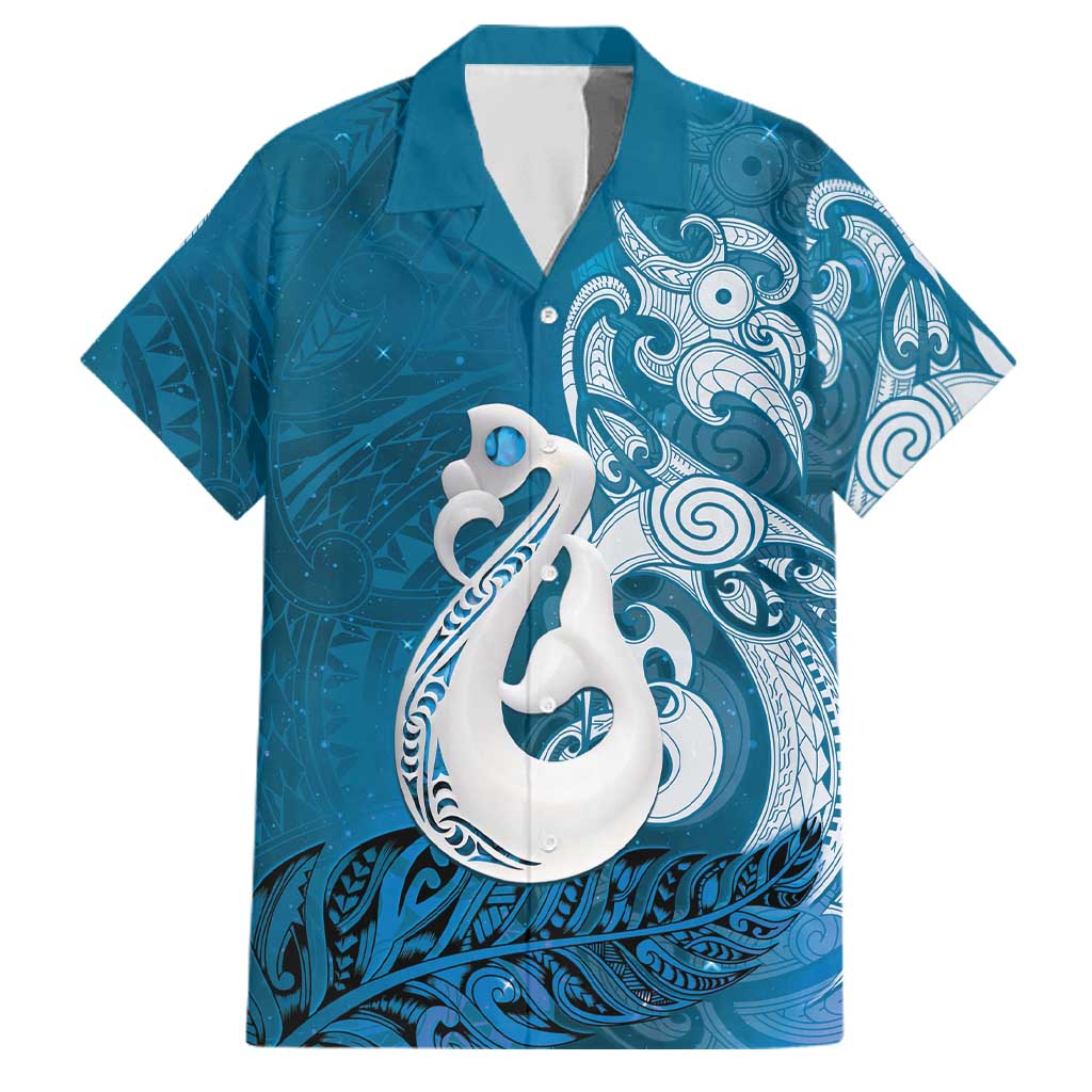 New Zealand Matariki Family Matching Off Shoulder Maxi Dress and Hawaiian Shirt Maori Manaia Galaxy Silver Fern Blue Color LT22 Dad's Shirt - Short Sleeve Blue - Polynesian Pride