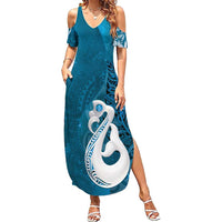 New Zealand Matariki Family Matching Summer Maxi Dress and Hawaiian Shirt Maori Manaia Galaxy Silver Fern Blue Color LT22 Mom's Dress Blue - Polynesian Pride